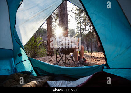 Les jeunes camping-using digital tablet in forest, Los Angeles, Californie, USA Banque D'Images