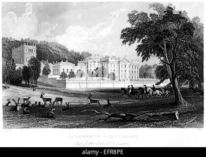 Gravure de Chatsworth, Derbyshire - Siège du Duc de Devonshire scanné à haute résolution à partir d'un livre imprimé en 1845. Je pensais libre de droits d'auteur. Banque D'Images