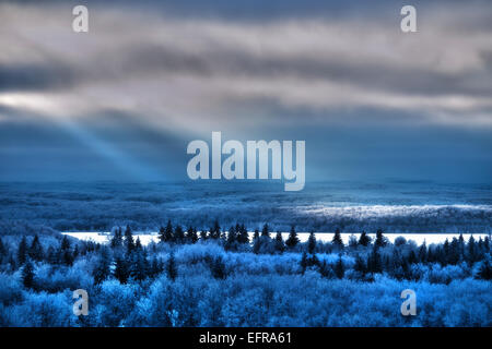 Vue sur le paysage de forêts de pins et des champs de neige et les arbres de la lumière du soleil reflétant sur la surface d'un lac. Banque D'Images