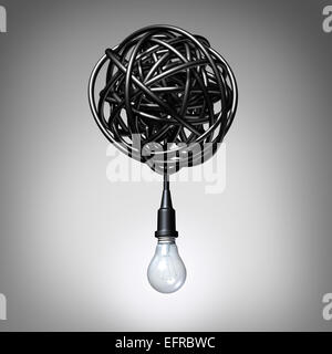 Conseils de création concept comme une ampoule ou pende de l'ampoule un chaos de twisted cordon électrique comme un succès la métaphore et la créativité résolution symbole. Banque D'Images