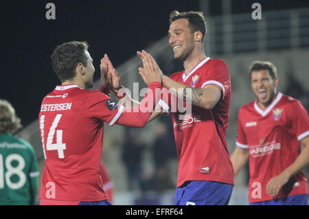 La Manga Club, Espagne. 9 Février, 2015. X : copa Vestsjælland (Danemark) contre Hammarby (Suède) Rasmus Festersen, buteur Apostolos Vellios & Jan Kristiansen célébrer Vestsjælland a remporté le match 3-1. Crédit : Tony Henshaw/Alamy Live News Banque D'Images