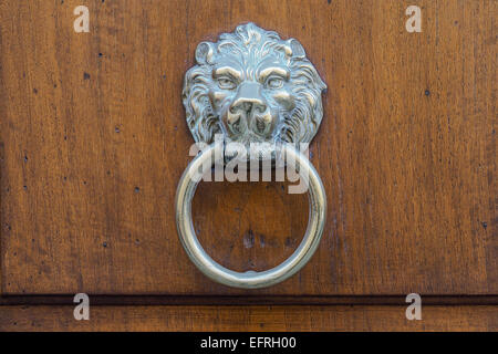 Heurtoir métal typique sur une porte en bois, avec l'image d'un visage de lion. Banque D'Images