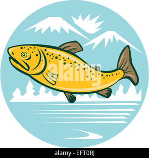 Illustration d'un arc-en-ciel Truite brune spotted fish jumping vu de côté, de définir à l'intérieur du cercle avec lac et montagne en arrière-plan fait en style cartoon. Banque D'Images