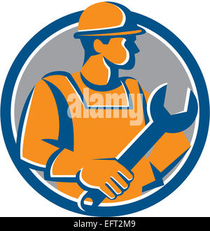 Illustration d'une construction worker wearing hat holding à la clé sur le côté situé à l'intérieur du cercle sur fond isolé fait en style cartoon. Banque D'Images