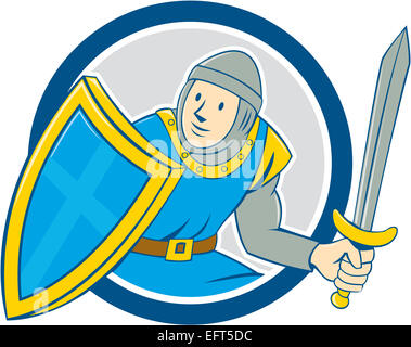 Illustration du chevalier médiéval en armure complète avec l'épée et le bouclier fixé à l'intérieur du cercle sur fond isolé fait en style cartoon. Banque D'Images