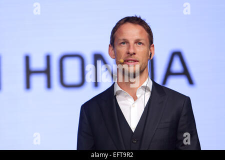 Tokyo, Japon. 10 fév, 2015. Jenson Button (McLaren) F1 : Jenson Button de Grande-bretagne prend la parole lors d'une conférence de presse au siège de Honda Motor Co. à Tokyo, au Japon . (Photo de Hideki Yoshihara/Aflo dite) Banque D'Images