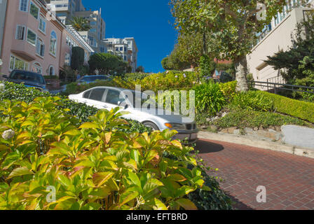 Le trafic automobile floue de Lombard Street Quartier de RUSSIAN HILL SAN FRANCISCO CALIFORNIA USA Banque D'Images