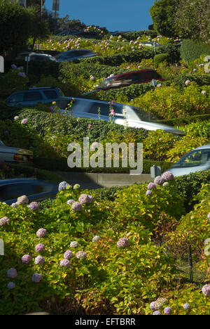 Le trafic automobile floue de Lombard Street Quartier de RUSSIAN HILL SAN FRANCISCO CALIFORNIA USA Banque D'Images