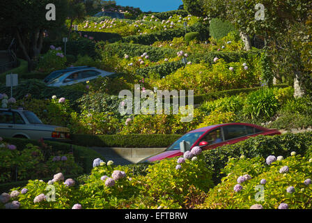 Le trafic automobile floue de Lombard Street Quartier de RUSSIAN HILL SAN FRANCISCO CALIFORNIA USA Banque D'Images