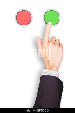 Main de l'homme d'affaires, les boutons rouge et vert, vue du dessus Banque D'Images
