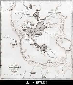 Carte de la vallée de Mexico, qu'il l'était en 1519 lorsque l'espagnol conquistador Hernan Cortes est arrivé. Banque D'Images