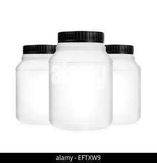 Trois pots en plastique, contenants isolated on white Banque D'Images