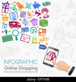 Shopping Internet infographie avec part, définir des icônes pour l'e-commerce, fort et terrestre. Banque D'Images