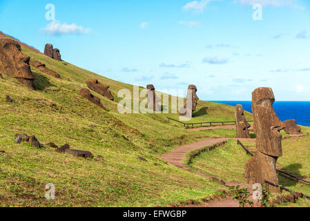 Divers Moai visible sur l'île de Pâques dans le site historique de Rano Raraku Banque D'Images