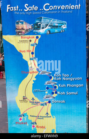 Thaïlande, Bangkok, Thaïlande du sud Carte des transports de la publicité pour les principales destinations touristiques Banque D'Images