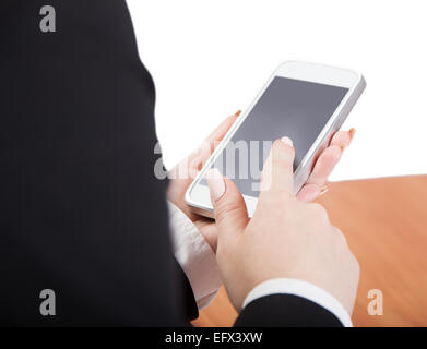 Businesswoman smartphone, isolé sur fond blanc Banque D'Images