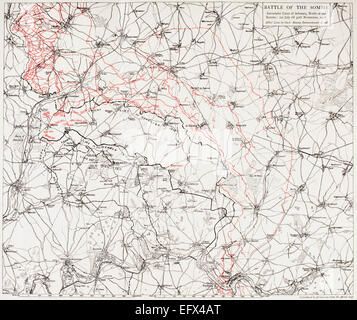 Carte de la bataille de la Somme, ou l'offensive de la somme pendant la Première Guerre mondiale. Lignes successives de l'avance britannique et française sont indiquées en noir, les lignes allemandes sont indiquées en rouge et s'appliquent à l'ensemble de la bataille, 1 juillet 1916 au 30 novembre 1916. Banque D'Images