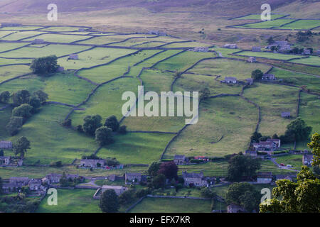 Regardant vers le bas sur la ligne basse, Swaledale dans le Yorkshire Dales National Park montrant clairement les champs clos de pierres sèches derrière Banque D'Images