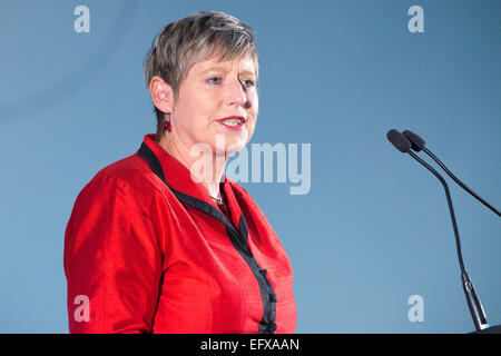 Christchurch, Nouvelle-Zélande - 11 février 2015 - Le maire de Christchurch Lianne Dalziel parle aux médias lors d'une conférence de presse à venir de l'ICC Cricket World Cup 2015 le 11 février 2015 au Rydges Latimer à Christchurch, Nouvelle-Zélande Banque D'Images