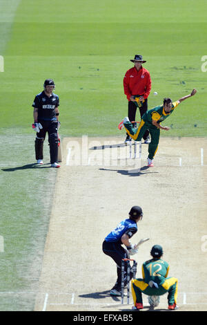 Christchurch, Nouvelle-Zélande. Feb 11, 2015. Christchurch, Nouvelle-Zélande - 11 février 2015 - Muhammad Imran Tahir de bowling de l'Afrique du Sud au cours de l'ICC Cricket World Cup Warm Up Match entre la Nouvelle-Zélande et l'Afrique du Sud, à Hagley Oval le 11 février 2015 à Christchurch, Nouvelle-Zélande. © dpa/Alamy Live News Banque D'Images