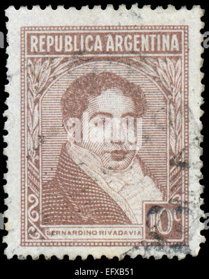 Argentine - circa 1945 : timbre imprimé dans l'Argentine montre Bernardino Rivadavia, le premier président de l'Argentine, 1826 - 18 Banque D'Images