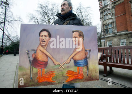 Westminster, London, UK. 11 Février, 2015. Artiste Kaya Mar montre ses peintures politiques récentes du premier ministre David Cameron à la lumière du récent scandale d'évitement de l'impôt de la HSBC. Credit : amer ghazzal/Alamy Live News Banque D'Images