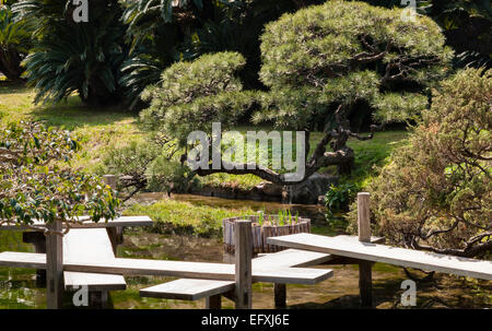 Le pont Yatsuhashi dans les célèbres jardins de Koraku-en à Okayama, fondé en 1686, l'un des trois grands jardins du Japon Banque D'Images