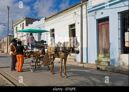 Street view horizontale d'un cheval et panier à Camaguey, Cuba. Banque D'Images