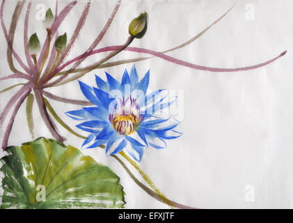 Nymphea lotus bleu fleur aquarelle sur papier de riz, d'œuvres d'art originales, de style asiatique Banque D'Images