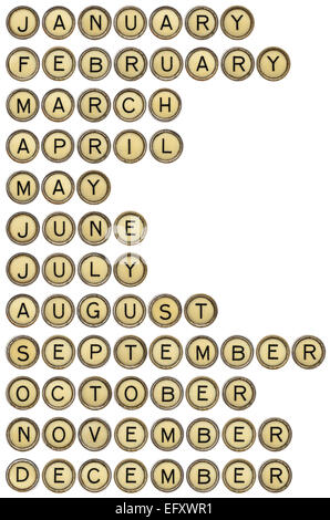 Douze mois de janvier à décembre dans des touches de machine à écrire vintage Banque D'Images