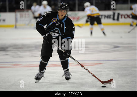 Rosemont, IL, USA. Feb 11, 2015. L'Admirals de Milwaukee' Kevin Fiala (12) se prépare à prendre un coup pendant la pratique avant de la Ligue américaine de Hockey match entre les Chicago Wolves et les Milwaukee Admirals à l'Allstate Arena à Rosemont, IL. Patrick Gorski/CSM/Alamy Live News Banque D'Images