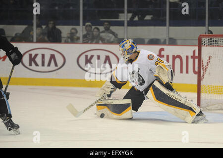 11 février 2015:Chicago Wolves' Jordan Binnington (30) bloque un tir au but au cours de la Ligue américaine de Hockey match entre les Chicago Wolves et les Milwaukee Admirals à l'Allstate Arena à Rosemont, IL. Patrick Gorski/CSM Banque D'Images