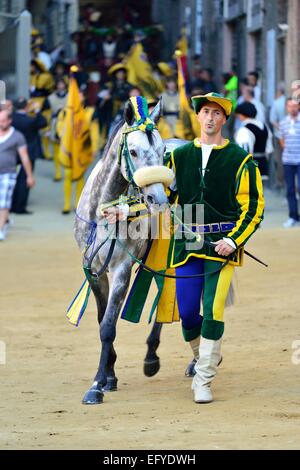 Cheval Cheval et chef de la Contrada de la chenille, Nobile Contrada del Bruco, au cours d'un défilé devant le cheval historique Banque D'Images