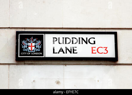 London Street sign pour Pudding Lane, où le Grand Incendie de Londres a commencé en 1666. Banque D'Images