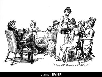 Orgueil et préjugés Hugh Thomson's illustration pour une édition de 1894 du roman de Jane Austen montre M. et Mme Bennett avec filles Jane, Elizabeth, Mary, Kitty et Lydia Banque D'Images