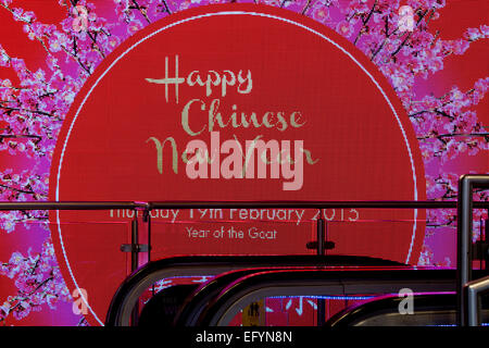 Londres, Royaume-Uni. 12 Février, 2015. Une boutique dans Oxford Street annonce le Nouvel an chinois- Année de la chèvre le 19 février. Credit : amer ghazzal/Alamy Live News Banque D'Images