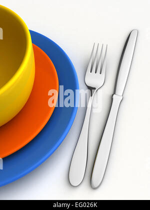 Le rendu 3D de couteaux, fourchettes et assiettes blanches plus bckground Banque D'Images