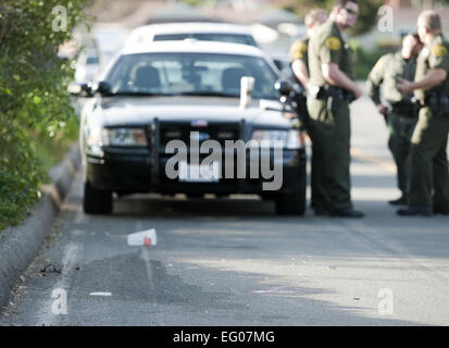 San Clemente, Californie, USA. 2e Février, 2015. Adjoints du shérif du comté d'Orange, avec un enquêteur de l'OCSD Crime Lab, a répondu au rapport d'objets suspects dans la rue, y compris ce qui semblait être une grande quantité de sang et d'une paire de lunettes cassées, le lundi matin à San Clemente. L'incident, à l'extrémité sud de la San Clemente Municipal Golf Course le long de l'Avenida Santa Margarita, à la quatrième, vert fait ressortir plusieurs unités shérif ainsi que l'hélicoptère du shérif.----Sur la photo, une paire de lunettes encadrées noir cassé avec d'autres articles, y compris ce qu'est un Banque D'Images