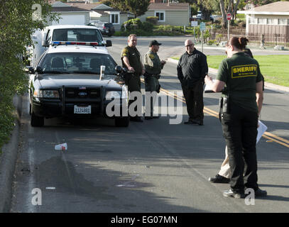 San Clemente, Californie, USA. 2e Février, 2015. Adjoints du shérif du comté d'Orange, avec un enquêteur de l'OCSD Crime Lab, a répondu au rapport d'objets suspects dans la rue, y compris ce qui semblait être une grande quantité de sang et d'une paire de lunettes cassées, le lundi matin à San Clemente. L'incident, à l'extrémité sud de la San Clemente Municipal Golf Course le long de l'Avenida Santa Margarita, à la quatrième, vert fait ressortir plusieurs unités shérif ainsi que l'hélicoptère du shérif. ----Dans la photo, adjoints du shérif du comté d'Orange ainsi que des enquêteurs de scène de crime sur sce Banque D'Images