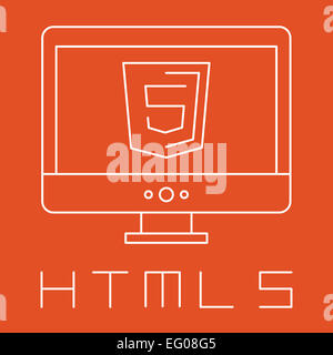 Ligne dessinée illustration simple de protection orange avec html 5 signe sur l'écran blanc isolé, le développement d'un site web icon Banque D'Images