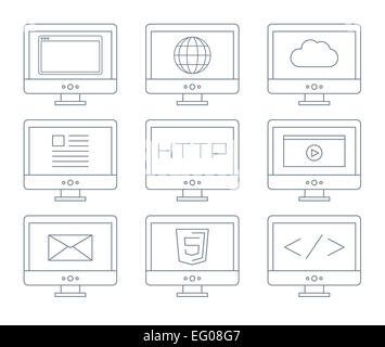 Icon Set sur Internet, télévision simple contour ligne gris Banque D'Images