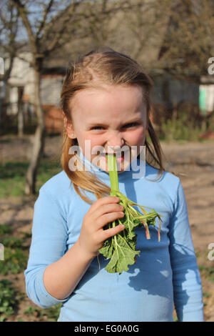 Peu de belle fille mâcher de la jeune pousse de la rhubarbe au printemps Banque D'Images