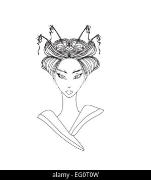 Magnifique Portrait abstrait geisha doodle Illustration de Vecteur