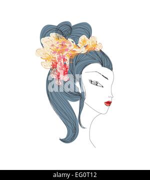 Magnifique Portrait abstrait geisha doodle Illustration de Vecteur