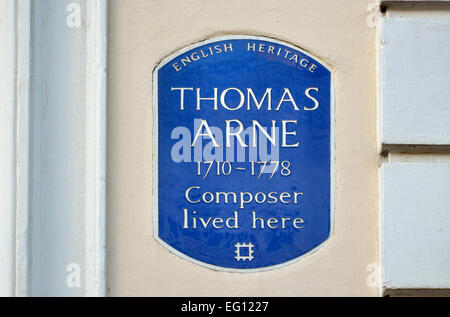 Londres, Angleterre, Royaume-Uni. Blue plaque commémorative : Thomas Arne (1710-1778) compositeur habité ici, 31 King Street, Covent Garden, West Banque D'Images