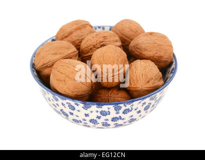Les noix en coque, dans un bol en porcelaine bleu et blanc avec un design floral, isolé sur fond blanc Banque D'Images