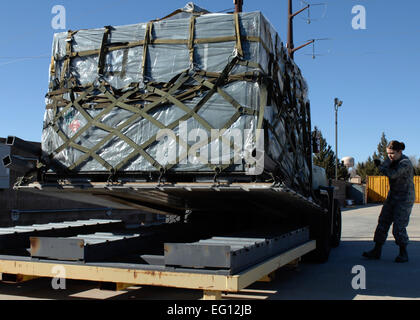 CANNON AIR FORCE BASE, NM. -- Les Aviateurs Helen Eberle, 27e Escadron d'opérations spéciales de préparation logistique, se prépare à peser une palette de fournitures médicales Jan 15. Les fournitures seront utilisés comme les kits d'intervention rapide en Haïti. Les Aviateurs, James Bell Banque D'Images