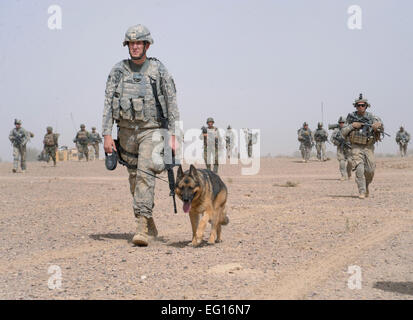 Les soldats d'infanterie de l'armée américaine et des militaires de l'Armée nationale afghane pour patrouiller dans les villages environnants de la district de Zhari, en Afghanistan, afin de sécuriser la zone pour une nouvelle et forte-point position de fonctionnement ayant été établi par les ingénieurs de combat affecté à la 864 bataillon du génie, de l'équipe animal ; le 15 septembre 2010. Les sapeurs n'ont que 48 heures pour établir un périmètre défensif et seulement six jours pour achever la construction de ce nouveau poste de combat dont l'emplacement stratégique de la coalition devraient permettre d'aider les forces de sécurité afghanes de perturber les opérations des talibans et permettre le mouvement o Banque D'Images