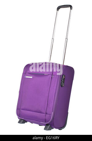 Valise violet sur fond blanc Banque D'Images
