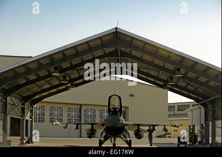 Le capitaine de l'US Air Force Derrick "Tank" Franck, 77e Escadron de chasse, Shaw Air Force Base, S.C., prépare pour le décollage dans le cadre de la Falcon Air Meet 2010 à la base aérienne d'Azraq, Jordanie, le 21 octobre 2010. Le but de la Falcon Air Rencontrez est d'améliorer les relations militaires et opérations aériennes conjointes. Le s.. Eric Harris Banque D'Images